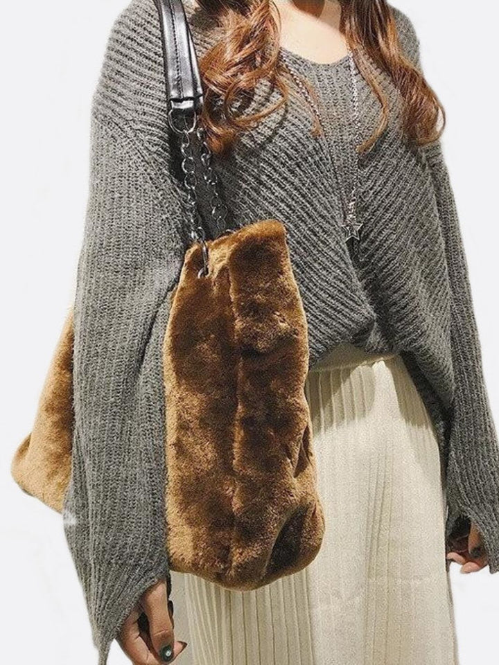 Cabas anse chaine fausse fourrure marron