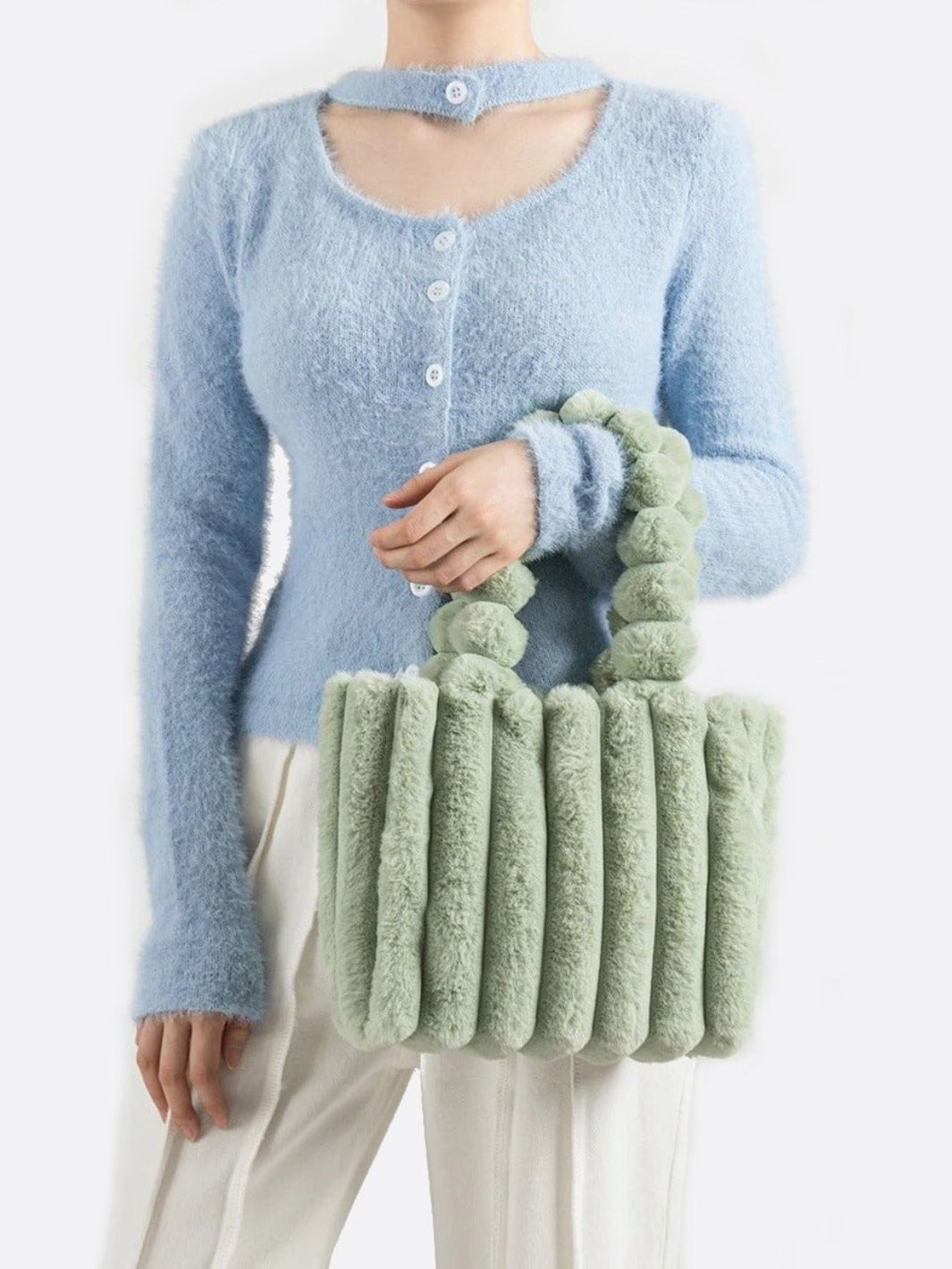 petit cabas vert pastel fausse fourrure